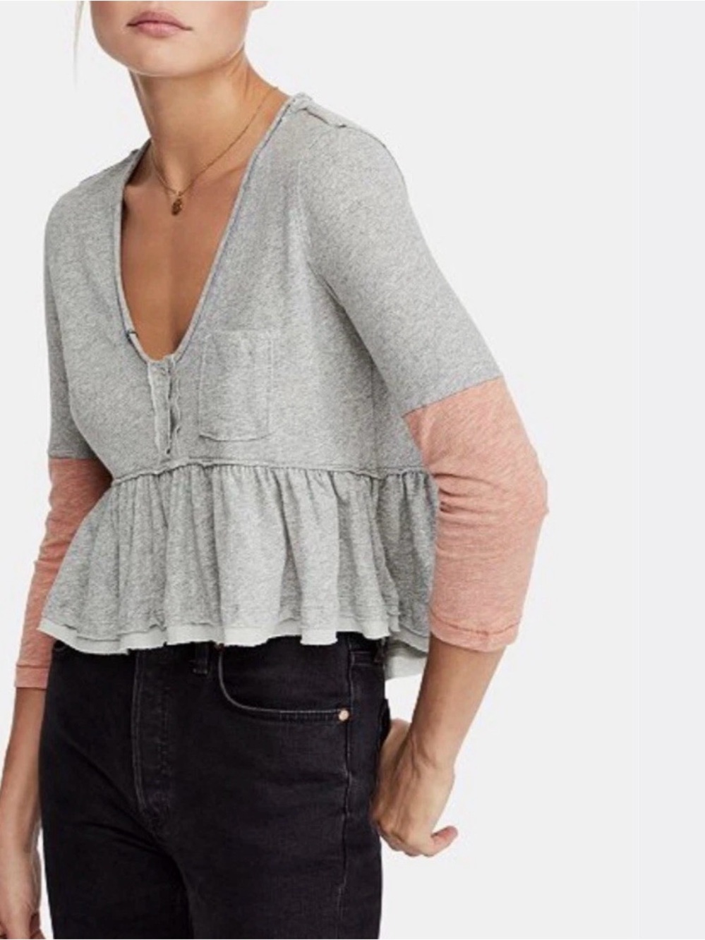 Women's Free People Grey Orange Ruffle Henley Crop Top Size Small